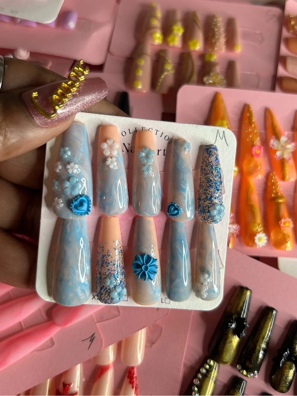 Blue & Peach Floral 3D Press-On Nail Set